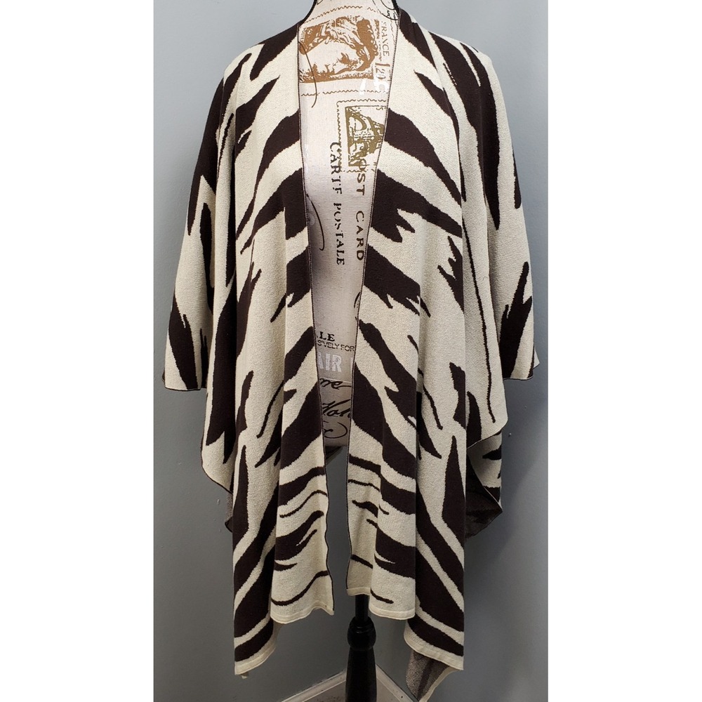 Chico's Shawl Cardigan Womens One Size Brown Zebra Print Knitted Open Front
